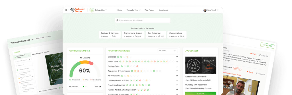 Previews of the A level biology course with progress trackers, videos and revision tips