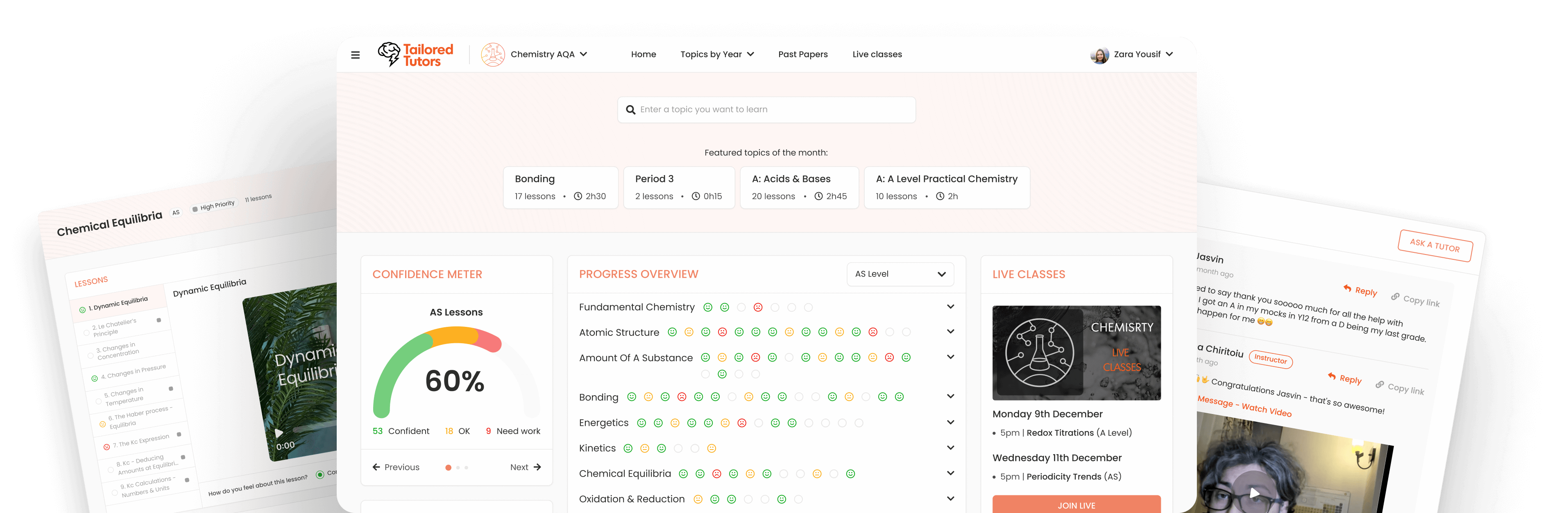 Screenshots of the A level Chemistry course with videos, past paper help, and quizzes