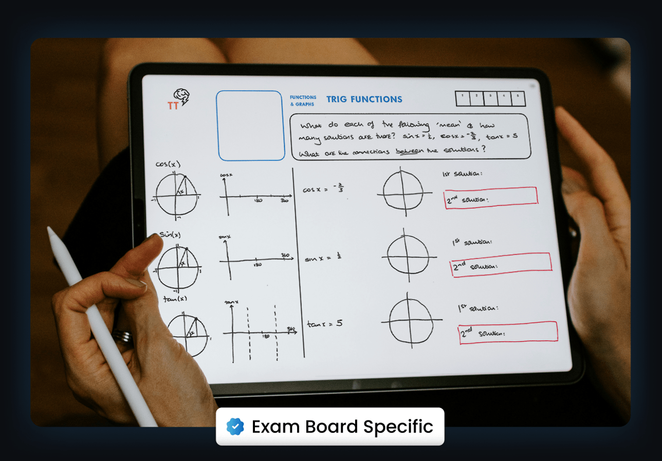 Ipad showing online A level Maths tutor interaction: Exam board specific Maths course to help with your revision.