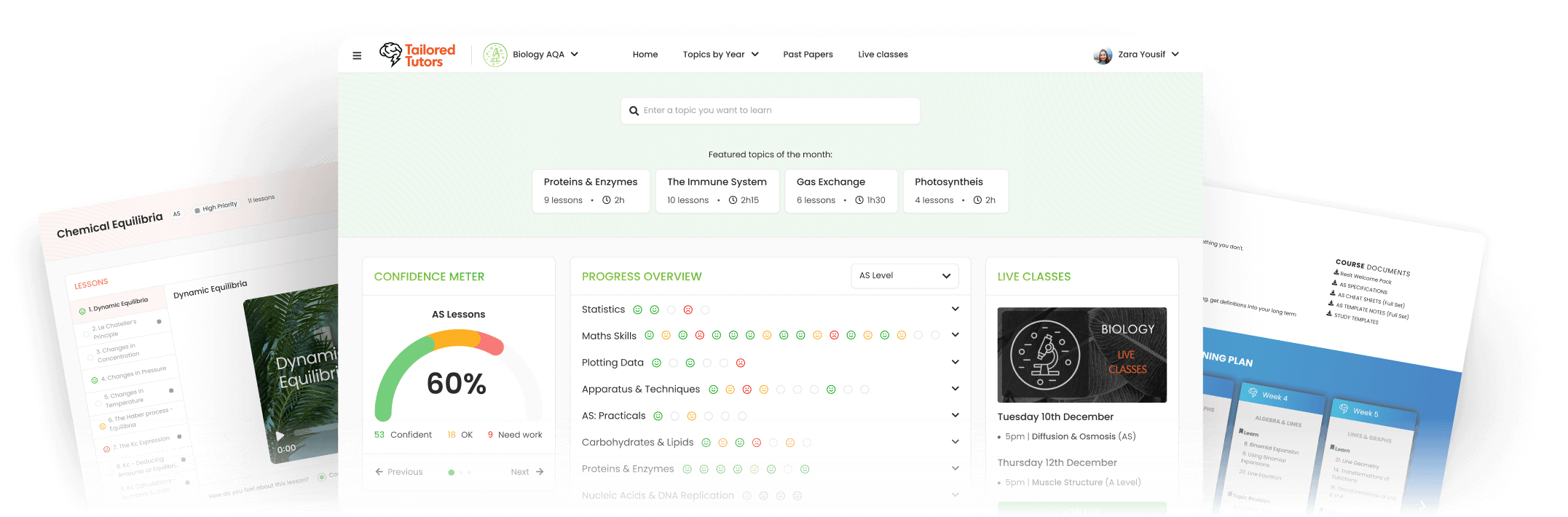 Previews of the A level biology course with progress trackers, videos and revision tips