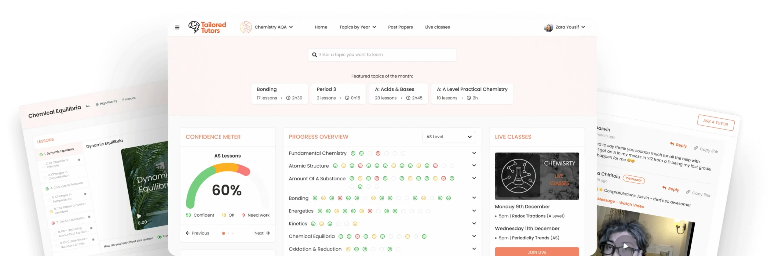 Screenshots of the A level Chemistry course with videos, past paper help, and quizzes
