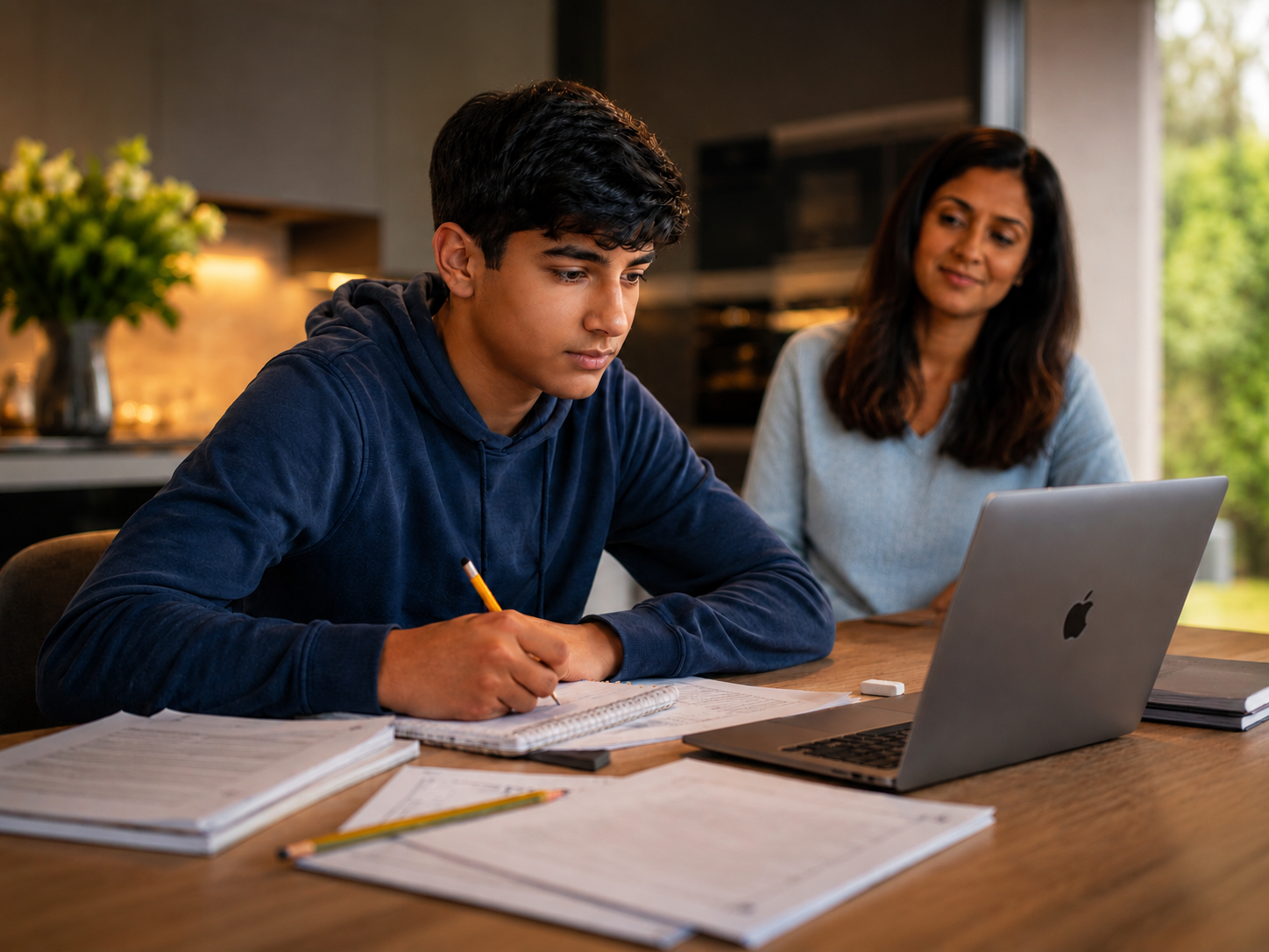 GCSE student studying online with tutoring support at home.
