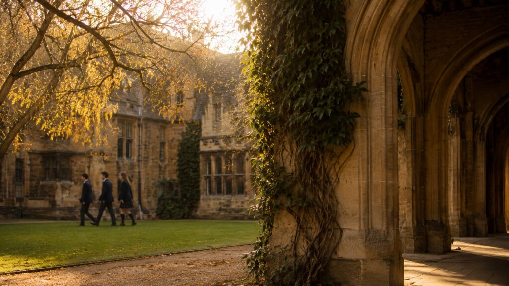 Traditional English independent school courtyard in autumn afternoon light, stone archway and ivy, students in school blazers