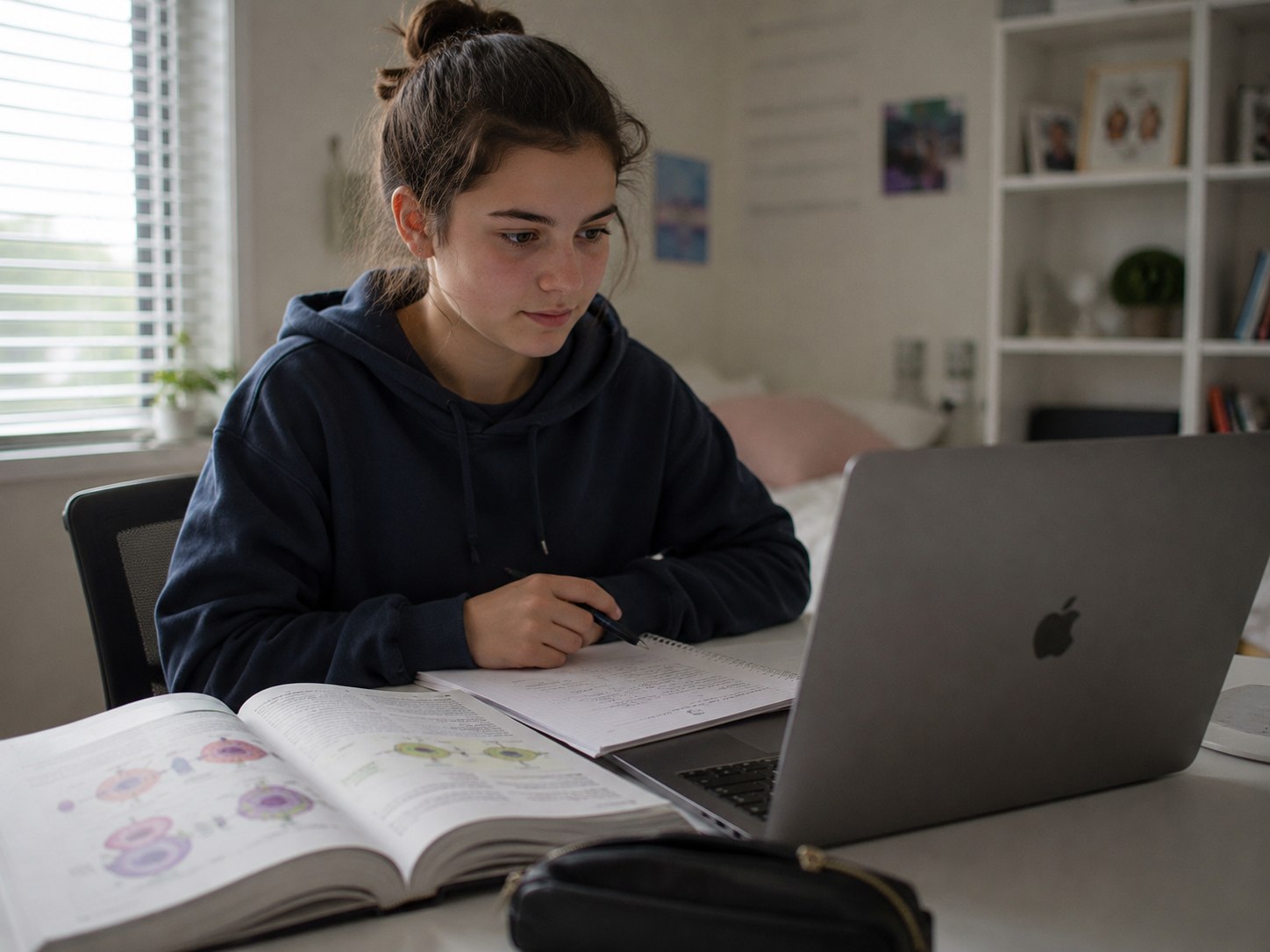 17-year-old student studying A Level Biology online at home desk with biology textbook and laptop