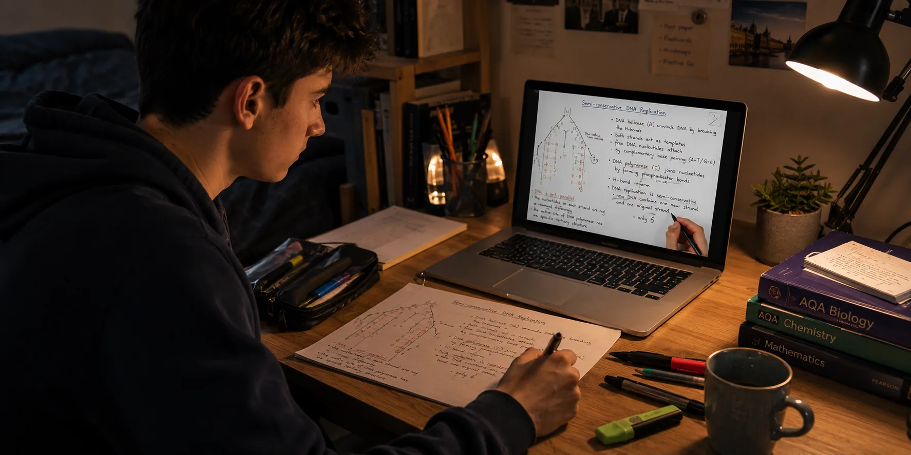 A Level Biology student taking handwritten notes while working through an on-demand video lesson on DNA replication