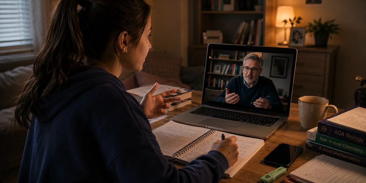 A parent helping their teenage son with schoolwork at home, laptop open on the table