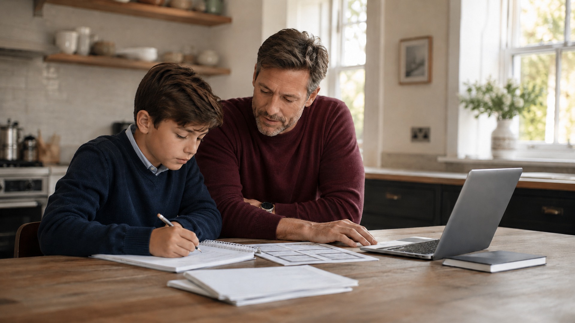 Parent and child studying for 11 plus tutoring at home.